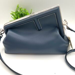 Fendi Navy Blue Leather Shoulder Bag with Silver Frame